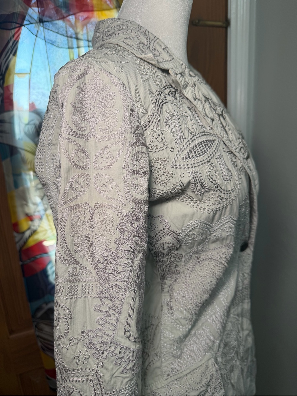 Johnny Was BIYA XS Embroidered Long Coat Duster Jacket Boho Ivory Gray - Picture 10 of 16